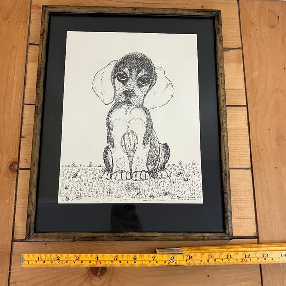 Beagle Puppy Dog Original Ink Drawing Framed Art Signed by Marie F Wood 1975 - Picture 2 of 5